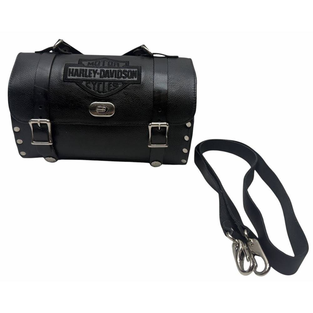 Harley-Davidson Black Leather Barrel Bag Purse Handbag w/ Shoulder Strap - Picture 2 of 16